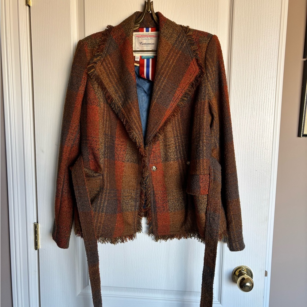 Anthropologie-Casual Plaid Women's Jacket - Brown and Orange